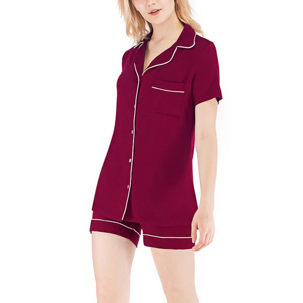 Women Silk Satin Pajamas Set Short Sleeve Button-Down Tops Shorts Sleepwear